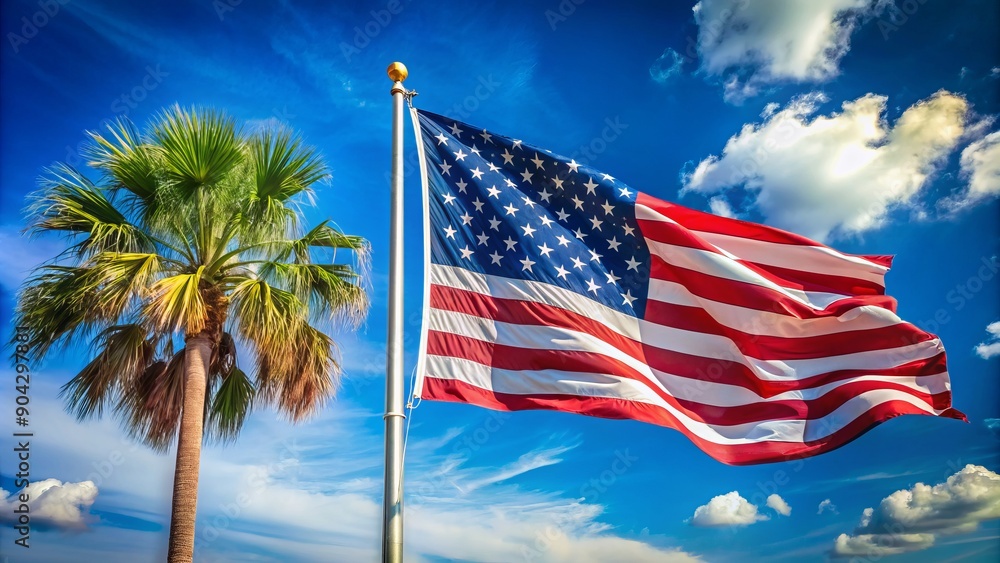 Patriotic scene featuring American flag flying high above South Carolina state flag, both waving gently in the breeze on a bright sunny day with clear blue sky. Patriotic scene featuring American flag flying high above South Carolina state flag, both waving gently in the breeze on a bright sunny day with clear blue sky.