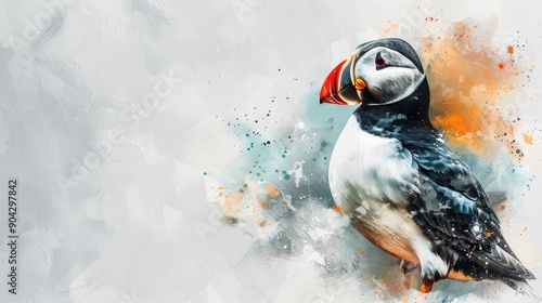 A vibrant puffin in detailed watercolor, showcasing its feathers and facial features. The white background enhances its elegance.