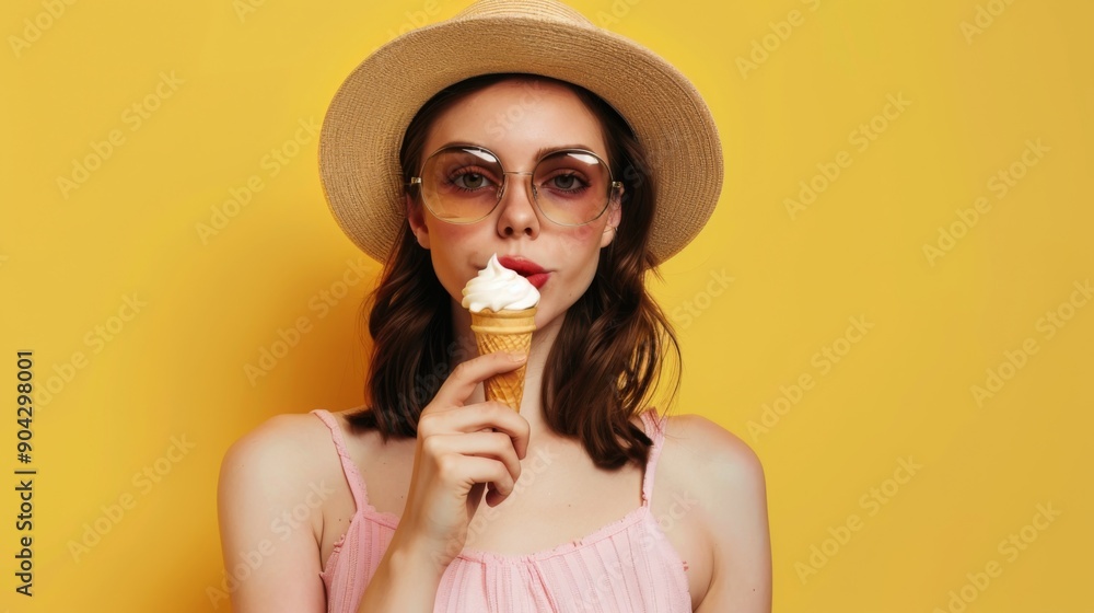 Stylish caucasian woman in hat and sunglasses with ice cream on yellow background Stylish caucasian woman in hat and sunglasses with ice cream on yellow background