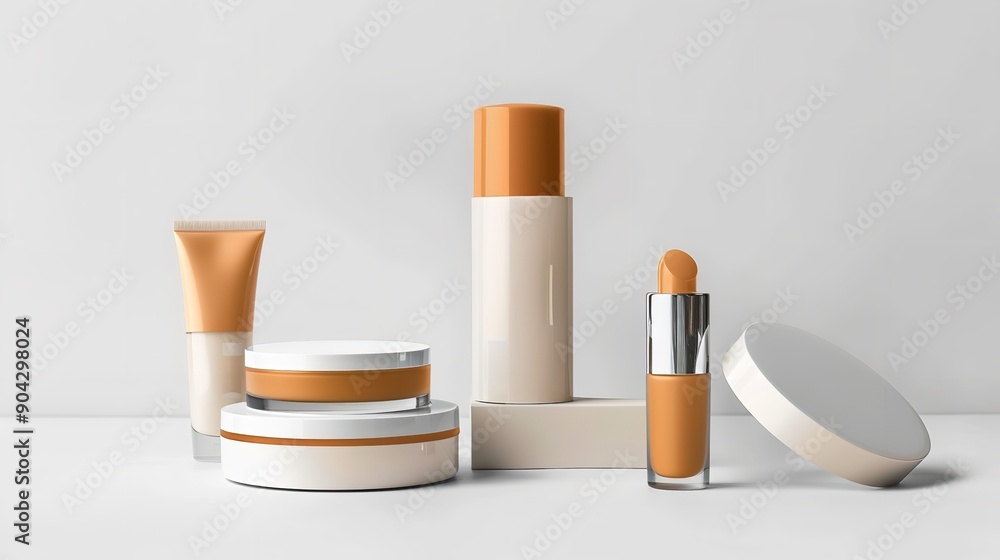 Mockup shows a collection of cosmetic items against a white backdrop. Various packaging for cosmetic promotions, Generative AI. Mockup shows a collection of cosmetic items against a white backdrop. Various packaging for cosmetic promotions, Generative AI.