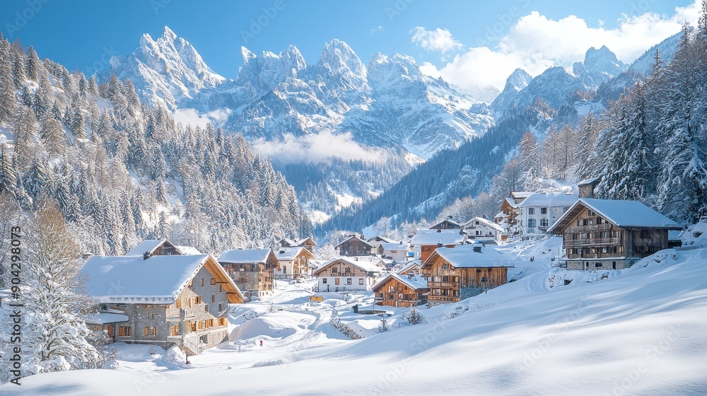 Fototapeta premium A picturesque winter landscape featuring snowy mountains and charming chalets under a clear blue sky.