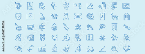Clinical study, trials,research line icon set in blue. eeg, stethoscope, mrt, ophthalmology, neurology, immunity, blind study insulin, glucose, x-ray vector illustration. Editable Stroke.