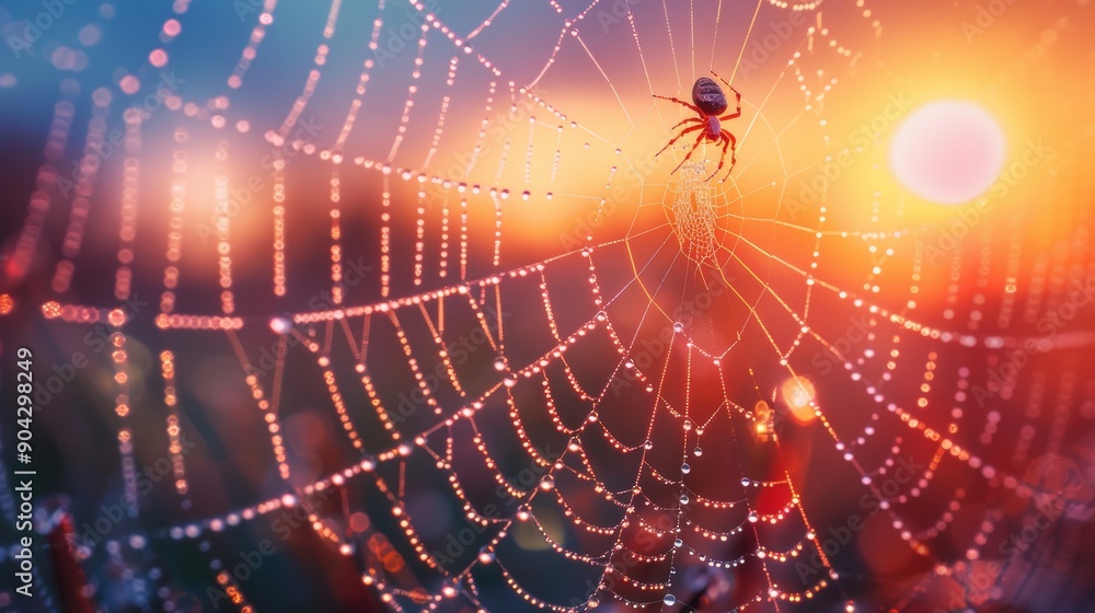 Naklejka premium A spider sits on its web, glistening with morning dew, as the sun rises in the background.