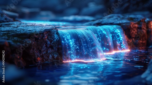 Wallpaper Mural A small waterfall flows over rocks, glowing with a magical blue light. The water is crystal clear and the surrounding rocks are dark and mossy. Torontodigital.ca