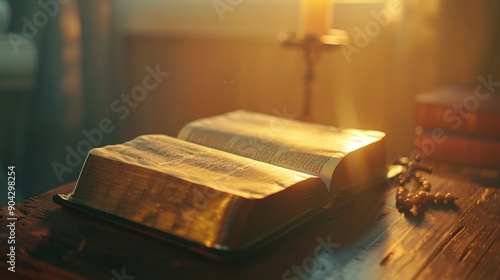 A Bible open to a highlighted verse, resting on a wooden table with a soft, warm light