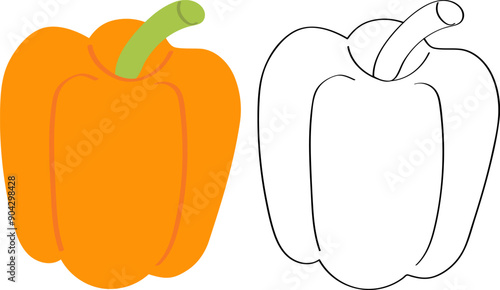 Sweet orange pepper, flat vector drawing. Children's coloring of vegetables, black outline sketch.