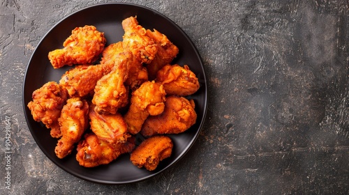 Top above view of chicken nuggets wings on a plate, copy space. Delicious crispy fried meat fast junk food, unhealthy crunch