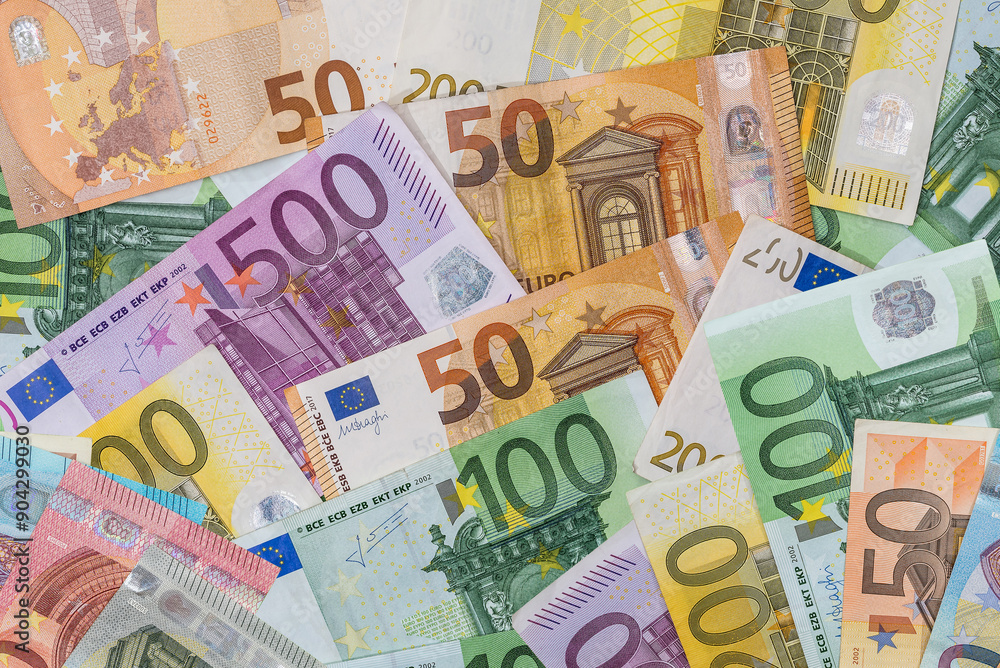Lot of paper euro cash as finance background, top view Lot of paper euro cash as finance background, top view