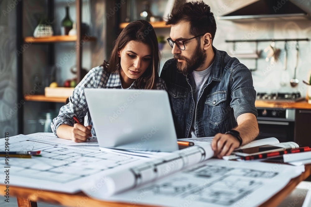Couple Discussing Future Home Plans with Architectural Blueprints and Laptop for Mortgage Planning Couple Discussing Future Home Plans with Architectural Blueprints and Laptop for Mortgage Planning