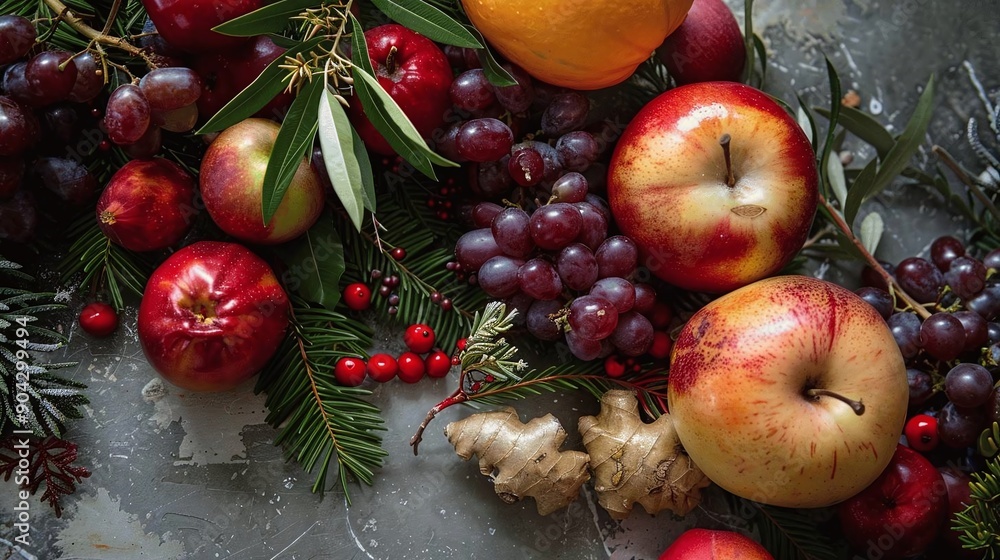 High angle shot of mixed fruits, including apples and grapes. High angle shot of mixed fruits, including apples and grapes.