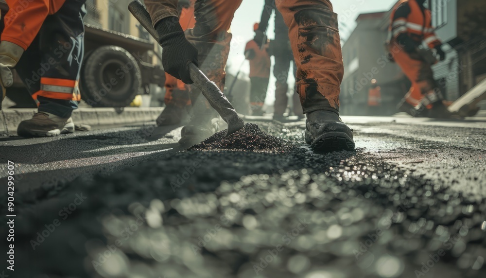 Road construction workers' teamwork, tarmac laying works at a road construction site Road construction workers' teamwork, tarmac laying works at a road construction site
