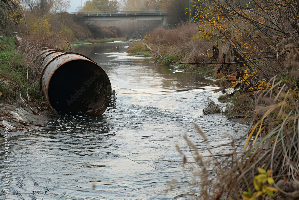Dirt pipe releasing water into stream. Sewage pipe to river. Dirt pipe releasing water into stream. Sewage pipe to river.