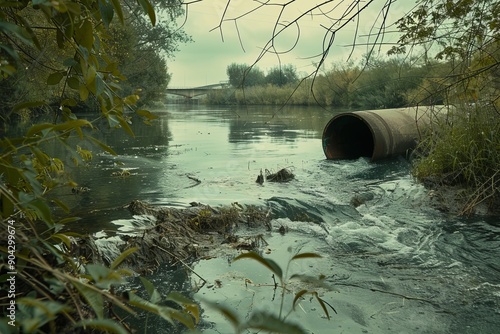 Dirt pipe releasing water into stream. Sewage pipe to river. photo