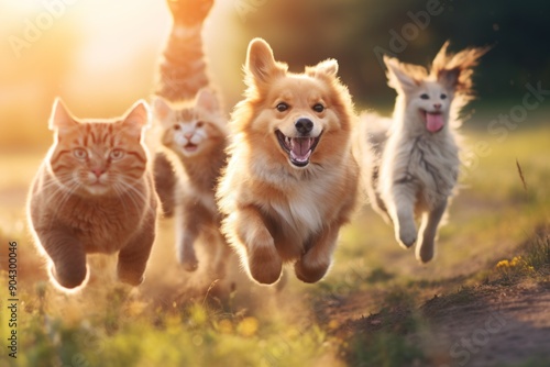 Cute group of happy dogs and cats jumping and running in the field