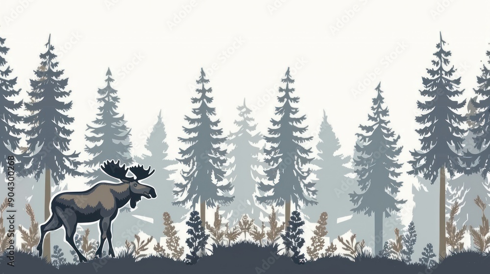 Obraz premium Moose Silhouettes in a Misty Forest.