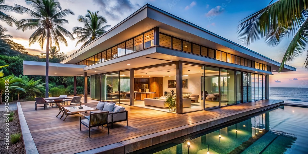Fototapeta premium Modern exotic beach house with sleek lines, expansive sliding glass doors, and open floor plan, seamlessly blending indoor and outdoor tropical living spaces.