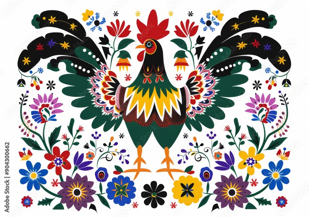 Naklejka premium The traditional Polish folk pattern of floral embroidery with cocks