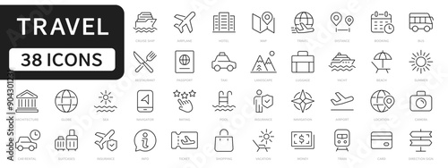 Travel line icons set. travel symbols. summer, vacation, hotel, cruise, holiday editable stroke icon. Vector