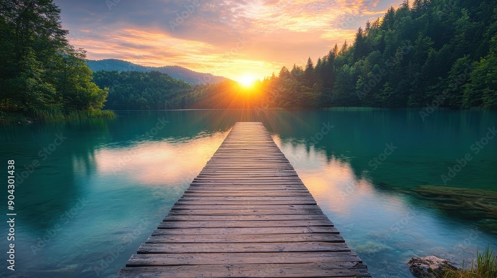 Fototapeta premium A serene wooden pier extending into a tranquil lake, illuminated by a stunning sunset and surrounded by lush greenery.