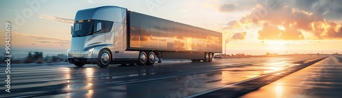 A shiny silver semi truck is driving down a snowy road at sunset. The truck is decorated with glitter and lights, giving it a festive and eye-catching appearance. Concept of excitement and adventure