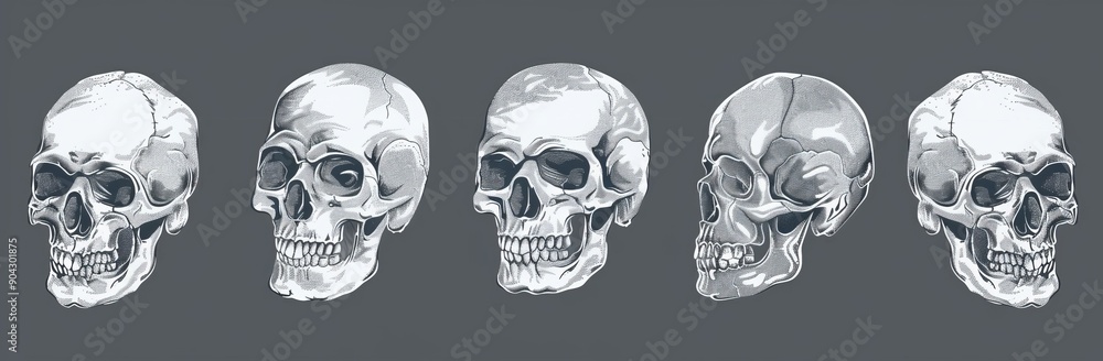 Fototapeta premium Human skulls isolated from the background in a hand drawn line art style.