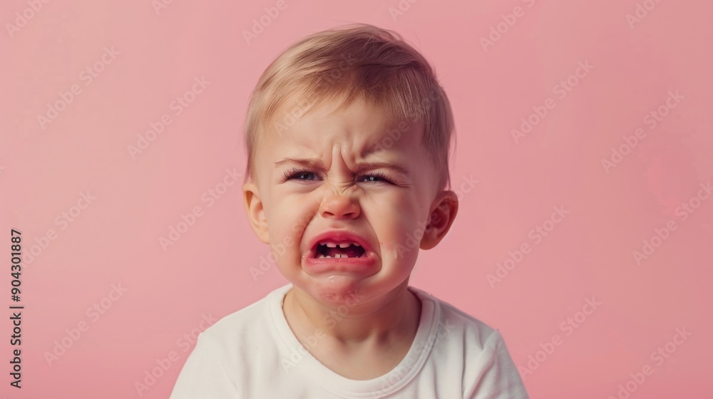 Unhappy and dissatisfied toddler baby isolated on a pink studio background. Crying kid or child showing frustration and negative Unhappy and dissatisfied toddler baby isolated on a pink studio background. Crying kid or child showing frustration and negative