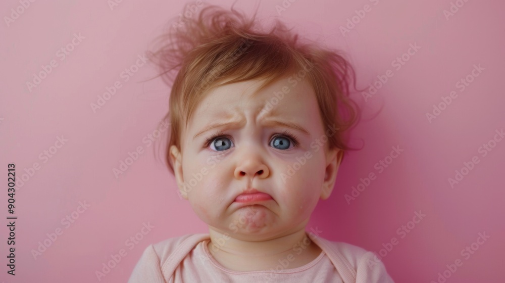 Unhappy and dissatisfied toddler baby isolated on a pink studio background. Crying kid or child showing frustration and negative Unhappy and dissatisfied toddler baby isolated on a pink studio background. Crying kid or child showing frustration and negative