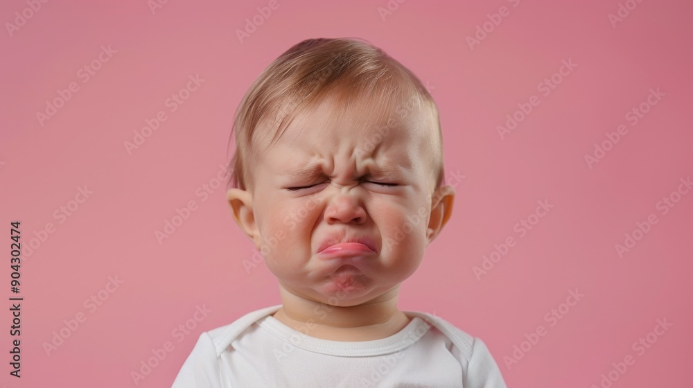 Unhappy and dissatisfied toddler baby isolated on a pink studio background. Crying kid or child showing frustration and negative Unhappy and dissatisfied toddler baby isolated on a pink studio background. Crying kid or child showing frustration and negative