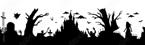 Halloween seamless panorama with halloween silhouette of cemetery elements for holiday background