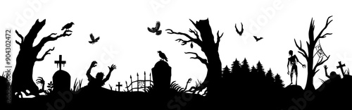 Seamless halloween silhouette panorama for background. Spooky halloween graveyard silhouette with zombies and crows