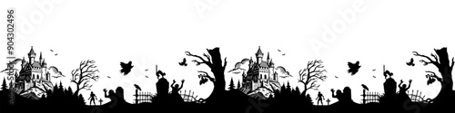 Seamless halloween silhouette panorama for background. Seamless pattern illustrating a spooky halloween night with scary creatures having fun in a graveyard near a haunted castle