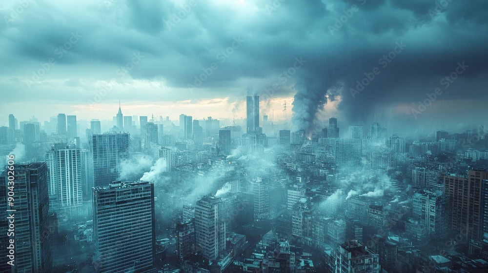 Fototapeta premium Aerial view of a city shrouded in smoke and clouds, showcasing a dramatic urban landscape amid environmental concerns.