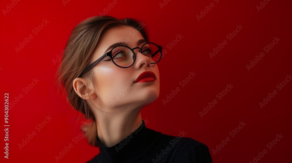 Illustrate a young woman in black spectacles, standing in front of a deep red background, her expression exuding confidence and elegance Illustrate a young woman in black spectacles, standing in front of a deep red background, her expression exuding confidence and elegance
