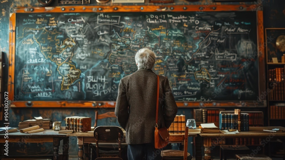 Man Looking at Chalkboard Map in Old Library Man Looking at Chalkboard Map in Old Library