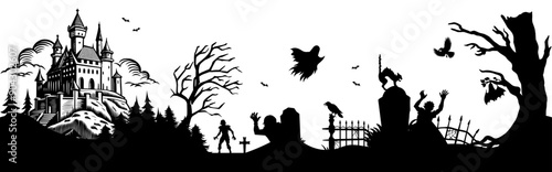Seamless halloween silhouette panorama for background. Seamless banner illustrating a spooky halloween night with zombies, ghosts and other classic monsters