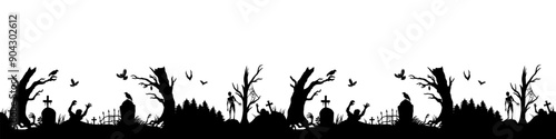 Seamless halloween silhouette panorama for background. Seamless pattern showing zombies rising from their graves in a spooky graveyard for halloween projects
