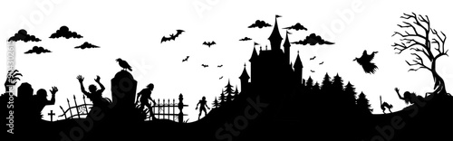 Seamless halloween silhouette panorama for background. Monochrome illustration of a spooky halloween landscape featuring zombies walking toward a haunted castle