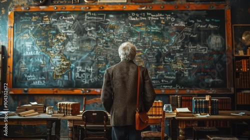 Man Looking at Chalkboard Map in Old Library