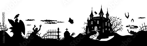 Seamless halloween silhouette panorama for background. Silhouette of a spooky halloween landscape with haunted house, graveyard, zombies and other scary creatures