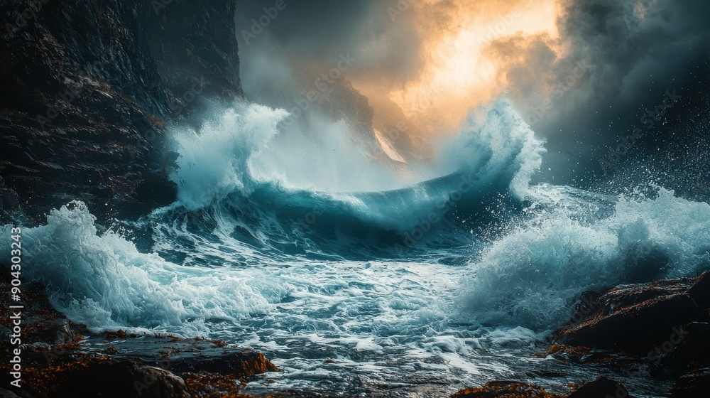 Fototapeta premium Dramatic ocean wave crashing against rocks under a vibrant sky, showcasing the power and beauty of nature during sunset.