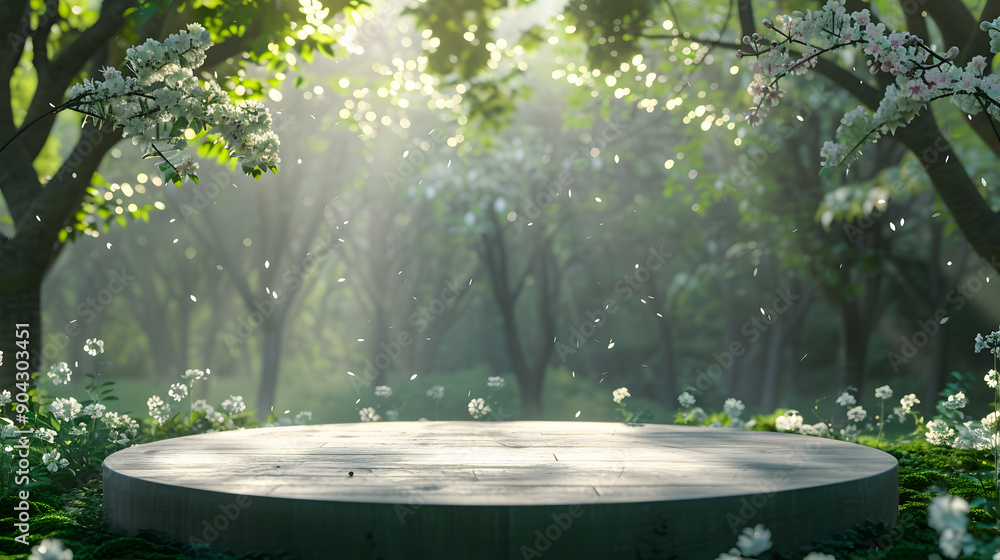 Empty wooden platform in a magical spring forest with white blossoms and sunlight. Empty wooden platform in a magical spring forest with white blossoms and sunlight.