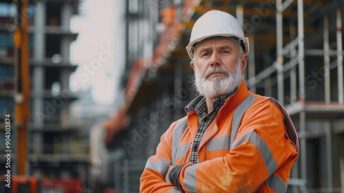 Waist up portrait of mature construction worker looking at camera while standing with arms crossed at construction site