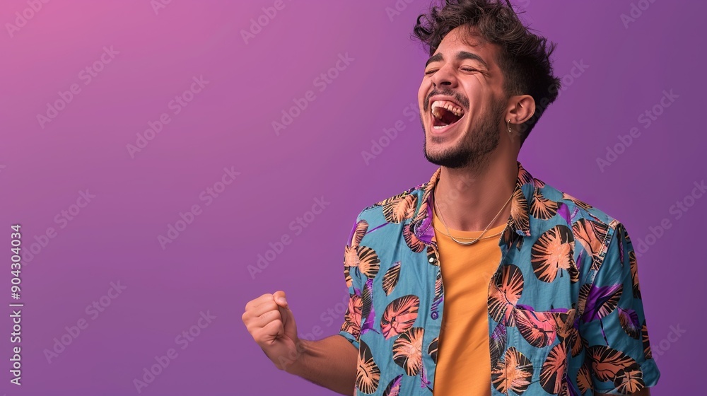 Picture a young Brazilian man in trendy clothes, set against a vibrant purple background, laughing dynamically with a spirited and joyful demeanor Picture a young Brazilian man in trendy clothes, set against a vibrant purple background, laughing dynamically with a spirited and joyful demeanor