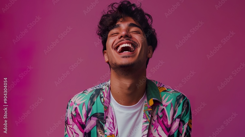 Picture a young Brazilian man in trendy clothes, set against a vibrant purple background, laughing dynamically with a spirited and joyful demeanor Picture a young Brazilian man in trendy clothes, set against a vibrant purple background, laughing dynamically with a spirited and joyful demeanor