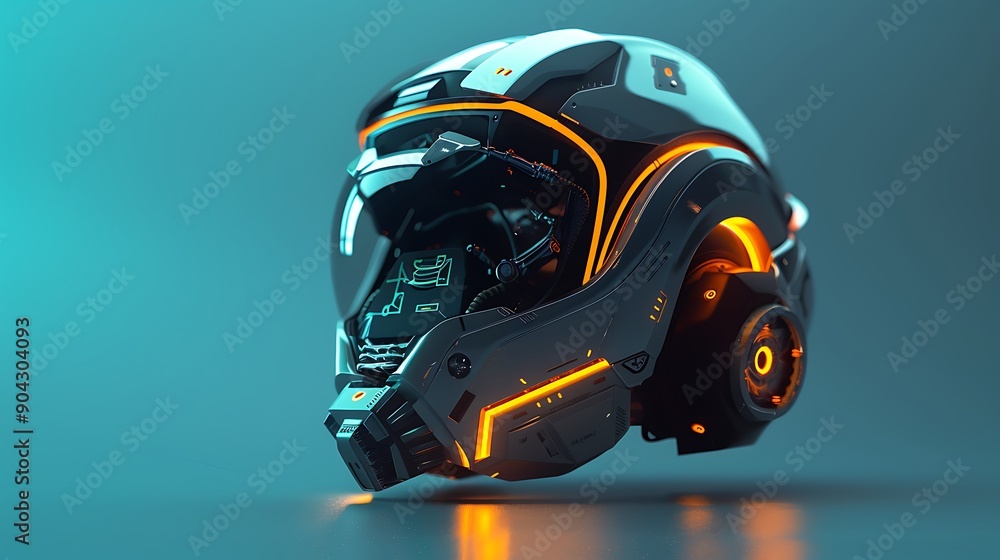 Isolated on an aqua background a futuristic helmet design with orange glowing lights Isolated on an aqua background a futuristic helmet design with orange glowing lights