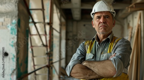 Waist up portrait of mature construction worker looking at camera while standing with arms crossed at construction site