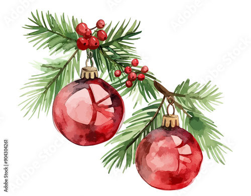 Festive decoration of leaves and branches, Christmas ball on isolated white background, watercolor drawing, Watercolor branch with Christmas balls and fir branches.Watercolor Christmas decoration ball