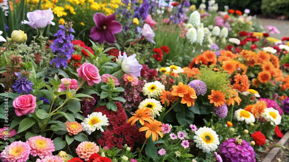 A vibrant garden bed bursting with colorful flowers. A vibrant garden bed bursting with colorful flowers.