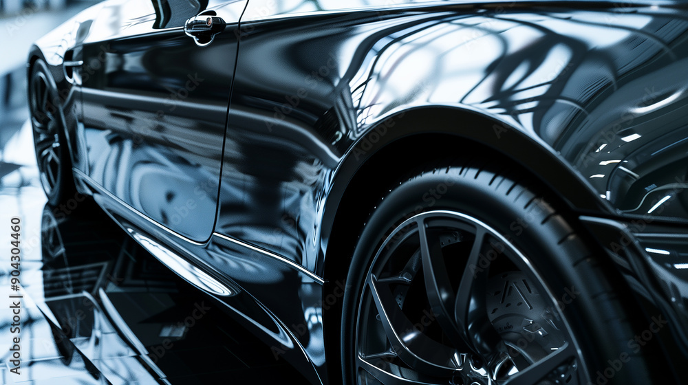 A shiny black car with a chrome wheel A shiny black car with a chrome wheel