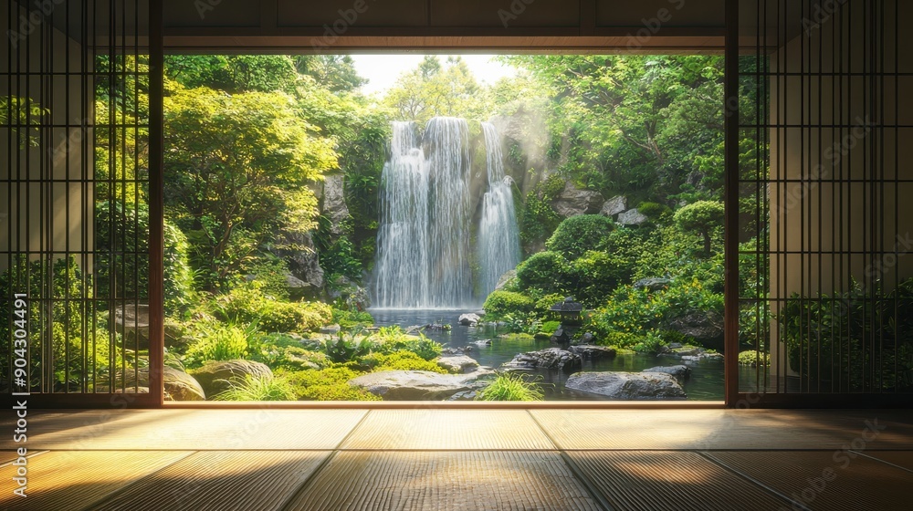Serene interior view of a traditional room with a peaceful waterfall and lush greenery outside, promoting tranquility and nature. Serene interior view of a traditional room with a peaceful waterfall and lush greenery outside, promoting tranquility and nature.